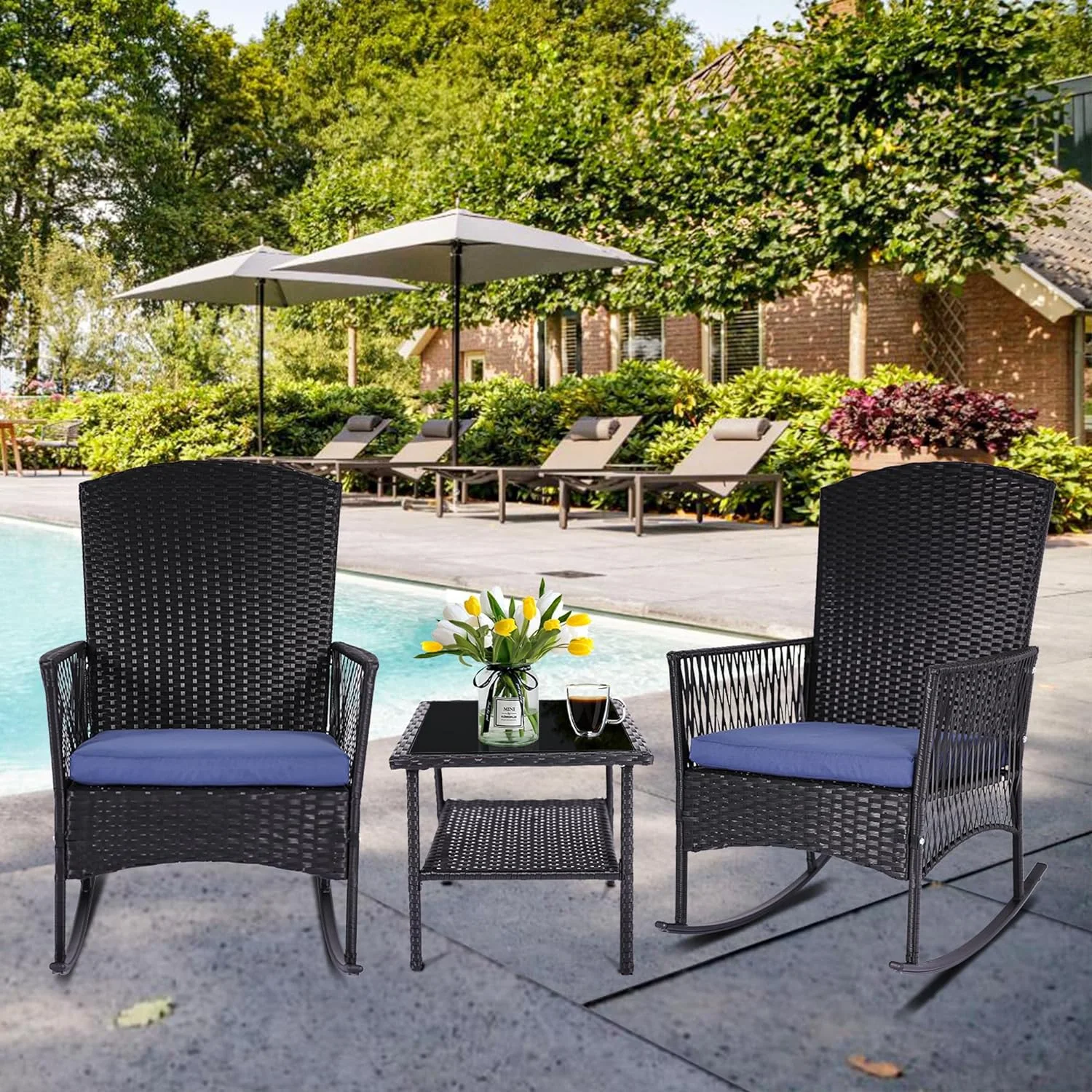 CLKHGFAR 3 Piece Patio Conversation Set  Outdoor Rocking Chairs   Wicker  Set with Glass Top Coffee  and Cushions for Porch Garden (Brown Rattan  Orange Cushion)