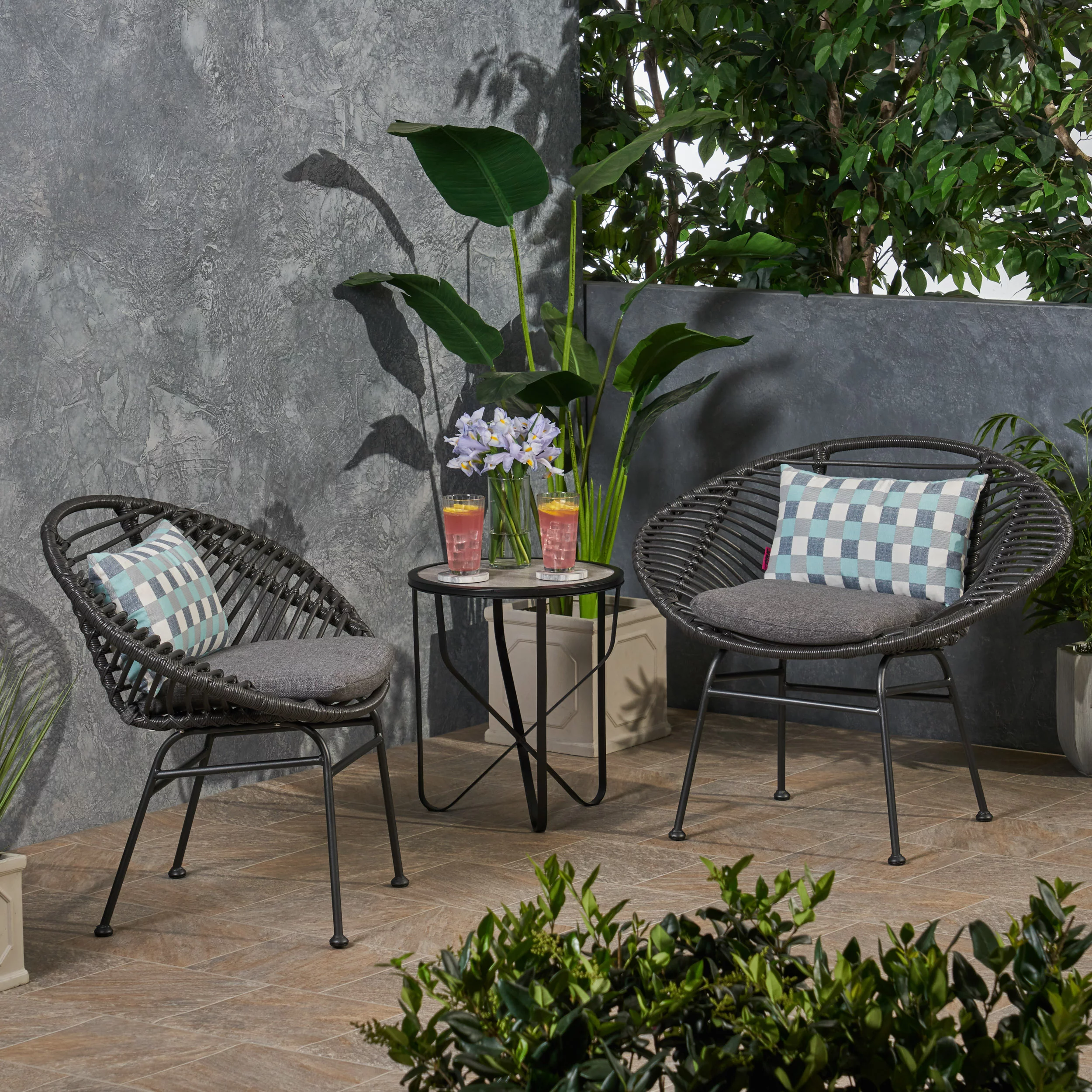 GDF Studio Cordella Outdoor Woven Wicker Chairs with Cushions, Set of 2, Gray and Dark Gray