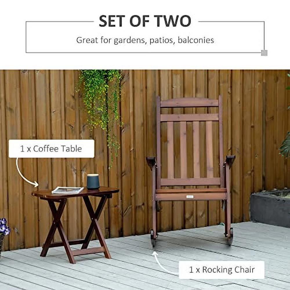 Outsunny 2 Pieces Wood Patio Bistro Set, Outdoor Rocking Chair Set with Armrests and High Back Rocking Chair and Portable Side Table, for Indoor, Outdoor, Patio, Backyard, Natural