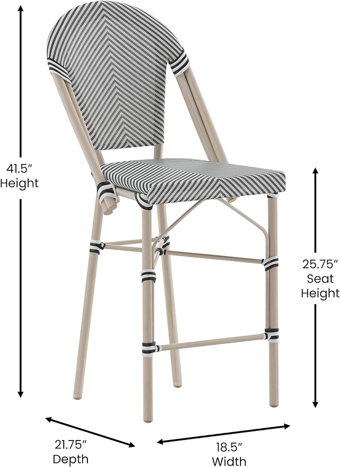 Mael French Bistro  Stacking Counter Stools - Indoor/Outdoor Textilene Back  Seat - Light Bamboo Finish Metal Frame - Set of Two - Black/White