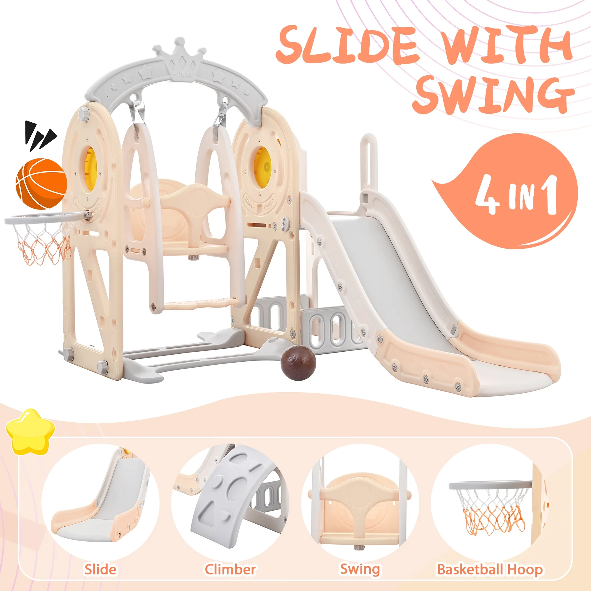 Toddler Slide and Swing Set 5 in 1, Tool Set with Basketball Hoop Freestanding Combo for Baby Indoor and Outdoor 79.5'' L x 73'' W x 50'' H