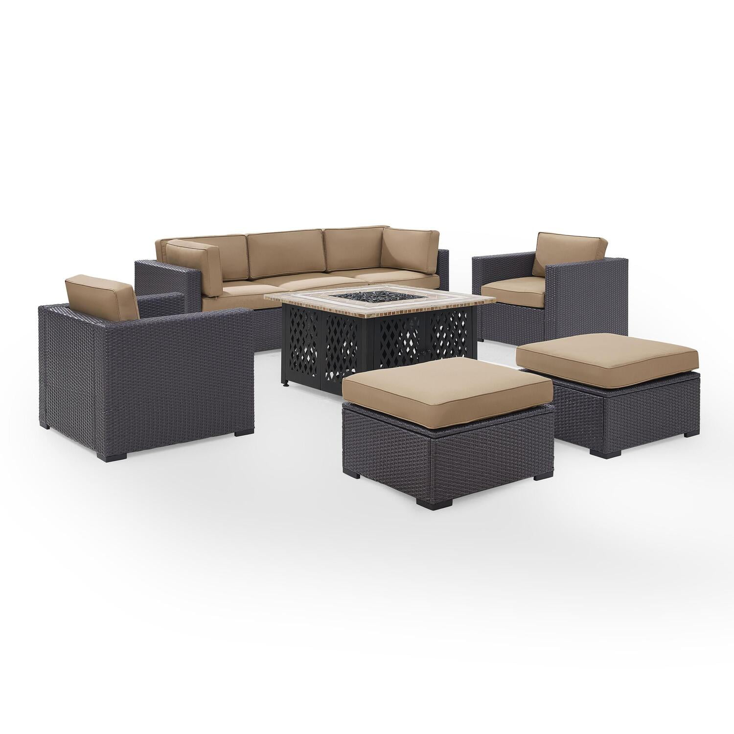 Maykoosh Global Greatness 6Pc Outdoor Wicker Sectional Set W/Fire Pit White/Brown - Ashland Firepit, 2 Loveseats, Armless Chair, & 2 Ottomans