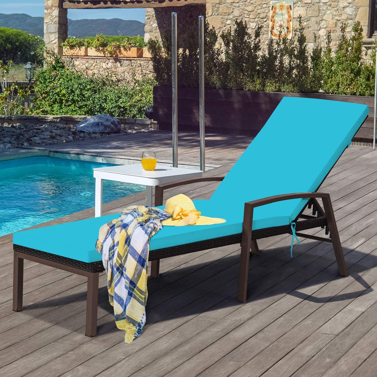 YPDCHB Patio Chaise Lounge  Outdoor Wicker Rattan Chaise with Adjustable Backrest and Armrest for Beach Pool Yard  Rattan Sun Lounger w/Cushion  Turquoise