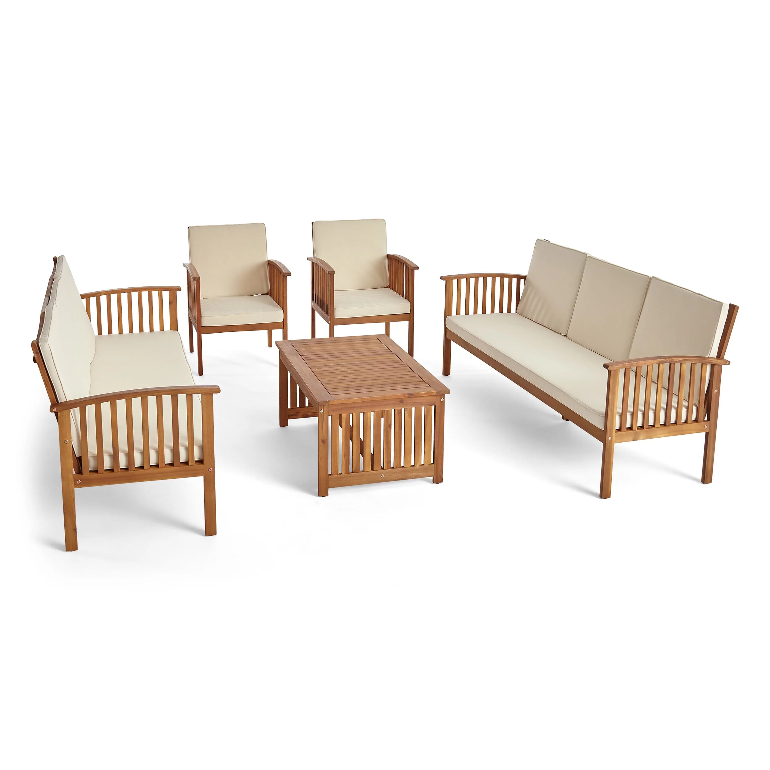 GDF Studio Navan Outdoor Acacia Wood 8 Seater Sofa Chat Set with Cushions, Teak and Cream