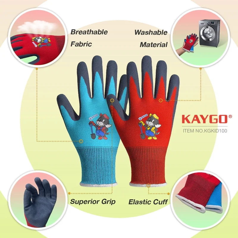KAYGO Kids Gardening Gloves 4 Pairs - Polyester Seemless Knitted with Latex Sandy Finish Coating, KGKID100, Ideal for Kids Gardening, DIY,Light Duty Works, and Outdoor Activities (Blue&Red,2XS )
