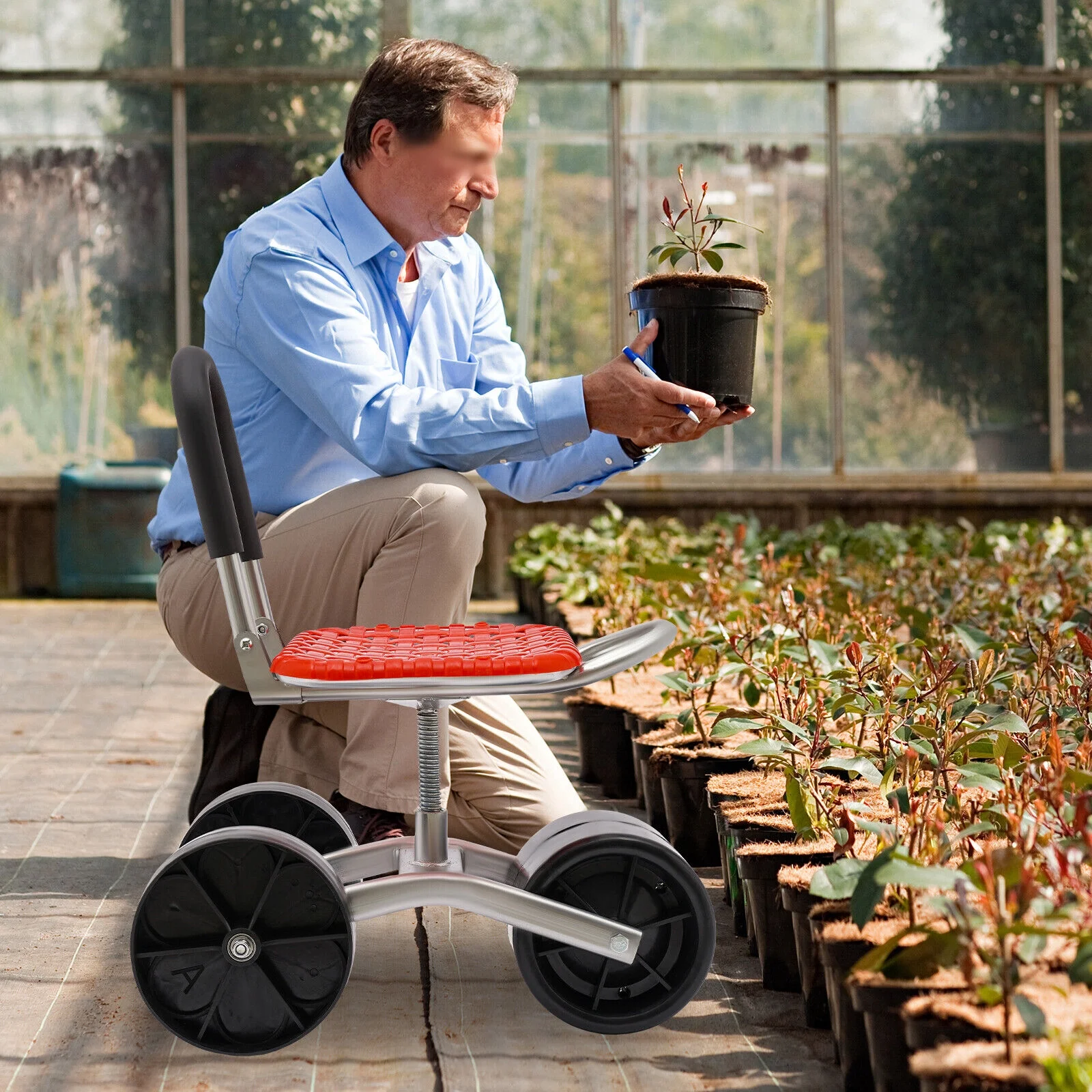 Height Adj. 360° Rotates Gardening Seats W/3 Rolling Wheels Stool Kneeling Pad