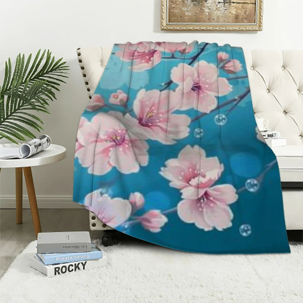 TIAOTIAOHOU Flannel Blanket Cherry Blossoms Pink Flowers Plum Branch Cherry Blossom Flower White