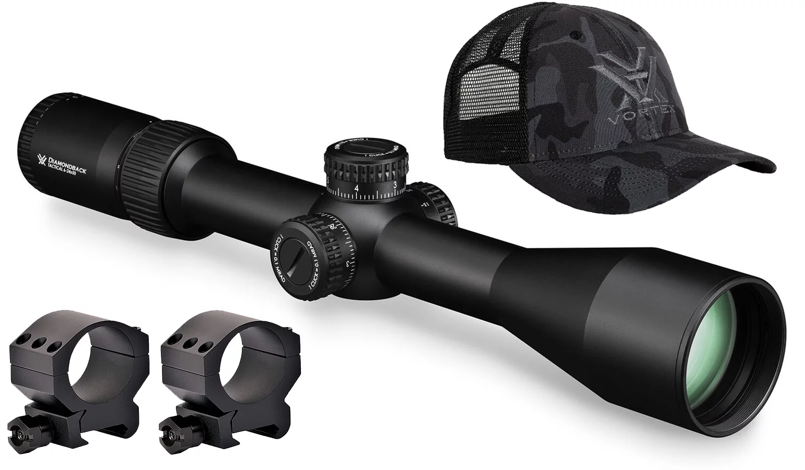 Vortex Optics Diamondback 6-24x 50 FFP EBR-2C MRAD Riflescope and Med Rings and Hat