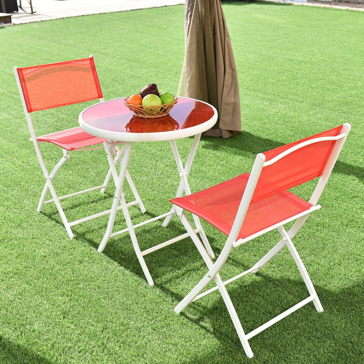 Costway 3 PCS Folding Bistro Table Chairs Set Backyard Patio Furniture Red