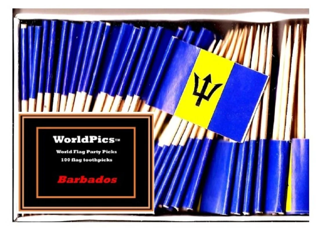 One Box Barbados Toothpick Flags, 100 Small Barbadian or Bajuns Cupcake Flag Toothpicks or Cocktail Picks