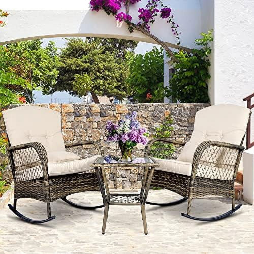 QYFZBIM 3-Piece Outdoor Rocking Chairs ， Wicker Patio  Modern Rattan Chair Conversation with Cushions & Glass Table for Garden Backyard  Bistro(RED)