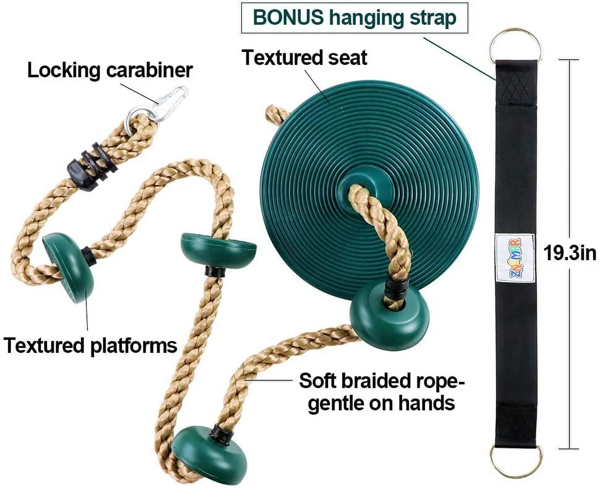 WHDZ Climbing Rope with Platforms and Disc Swing Seat Set Playground Accessories Including Bonus Hanging Strap & Carabiner,Green