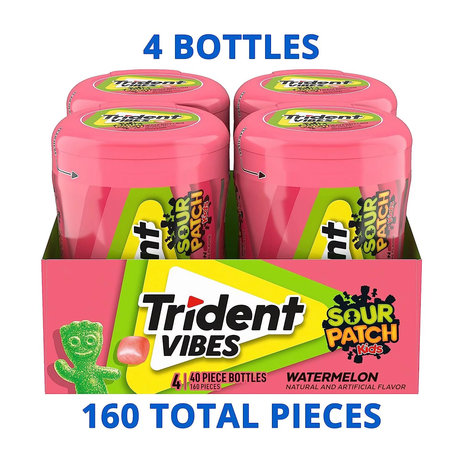 Trident Vibes SOUR PATCH KIDS Watermelon Sugar Free Gum, 4 Bottles of 40 Pieces 160 Total Pieces