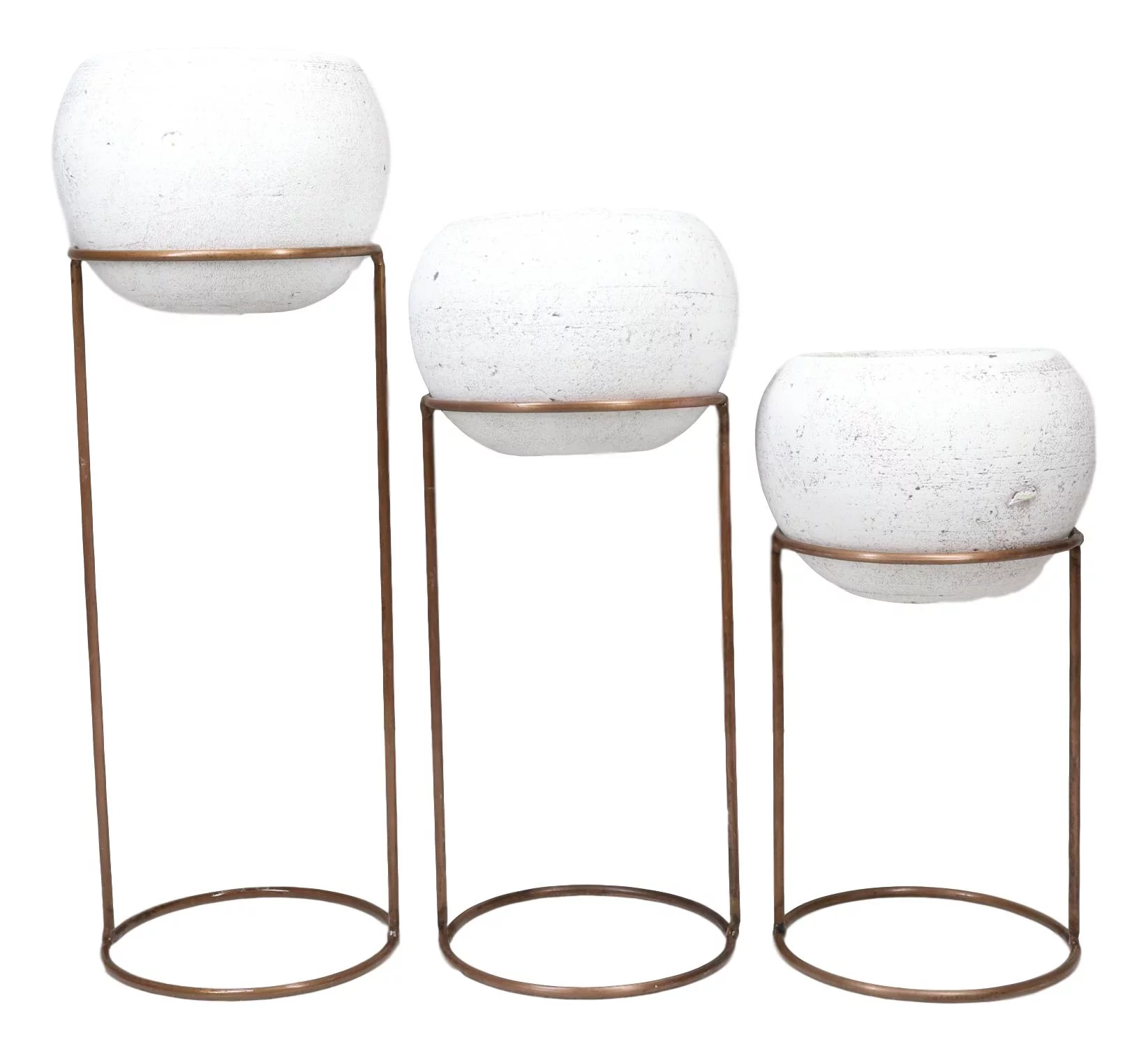 Set of 3 Modern 3 White Clay Vessel Planter Pots With Metal Wire Stands