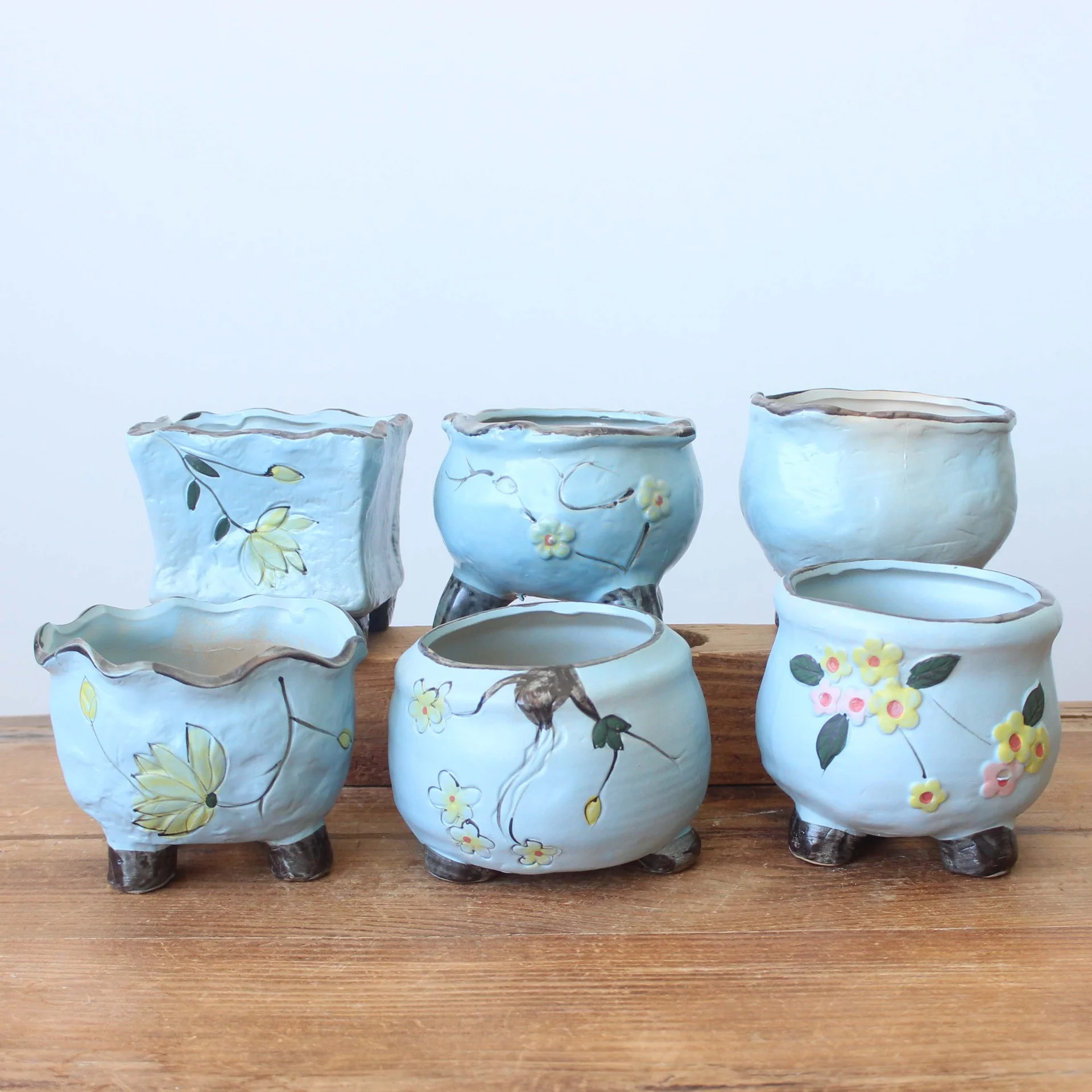 Vintage Hand-Painted Ceramic Succulent Planter - Retro Style Desktop Plant Pot