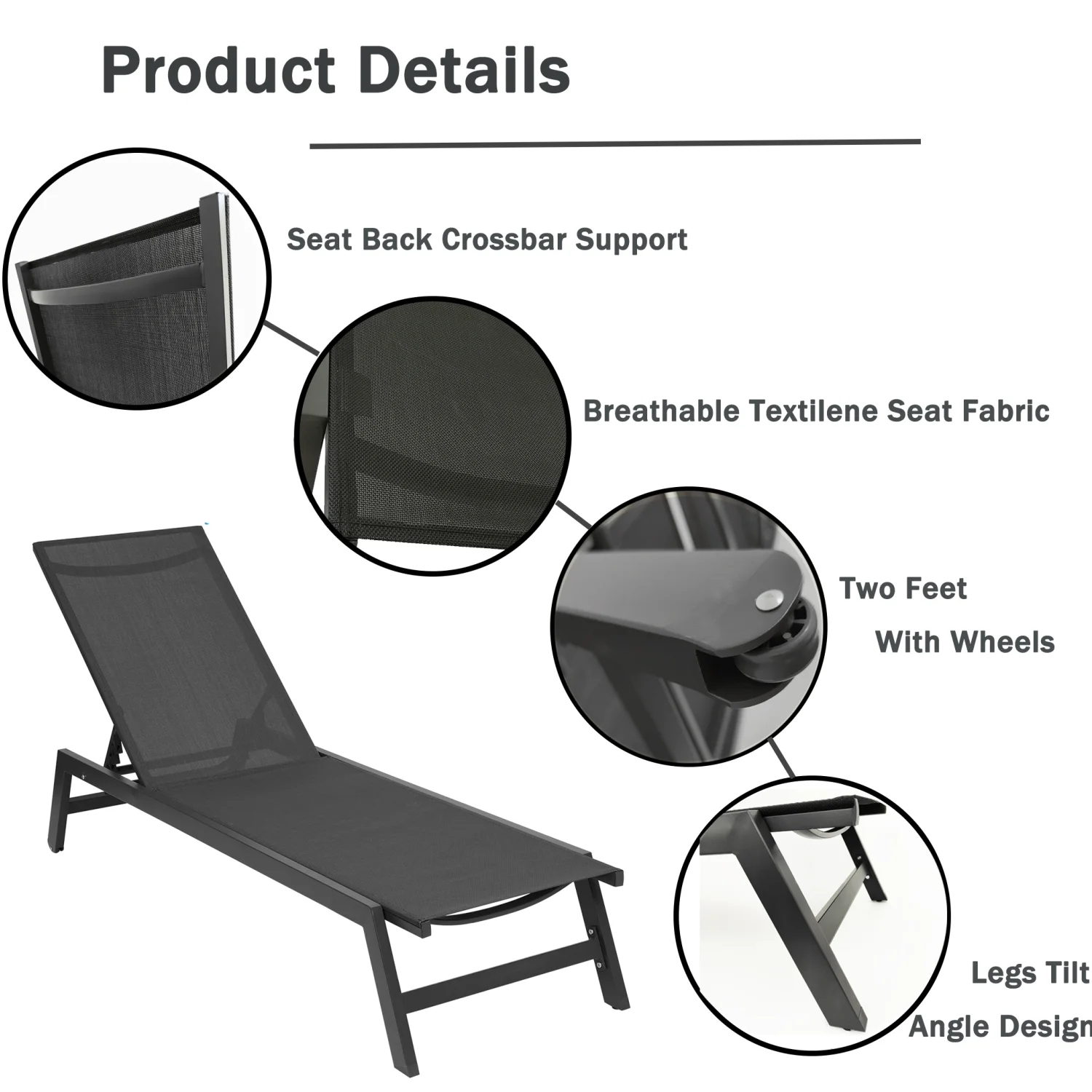 Ideal for all weather comfort and relaxation - Stylish new five-position adjustable grey aluminum outdoor chaise lounge chair - Perfect for patio  beach  yard  and pool - Black fabric - C