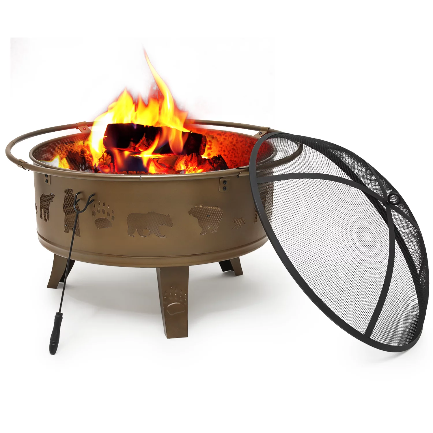 MoNiBloom 32 inch Round Outdoor Fire Pit, Wood Burning Firepit with Animals Pattern, Poker & Spark Screen for Patio Backyard, Gold