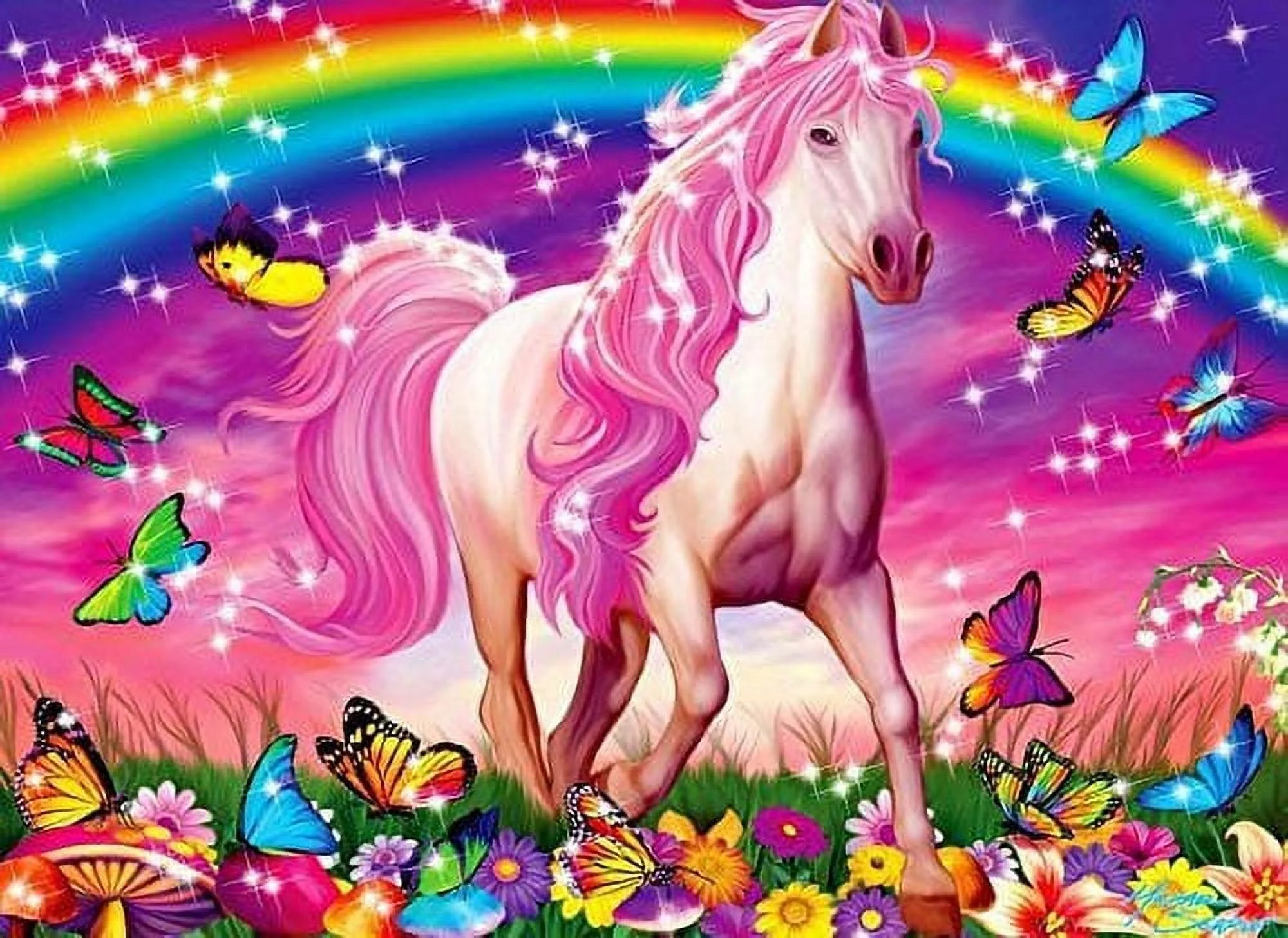 Whimsical Practicality's Rainbow Unicorn with Butterflies & Flowers Edible Icing Image Cake Topper-1/4 Sheet or Larger