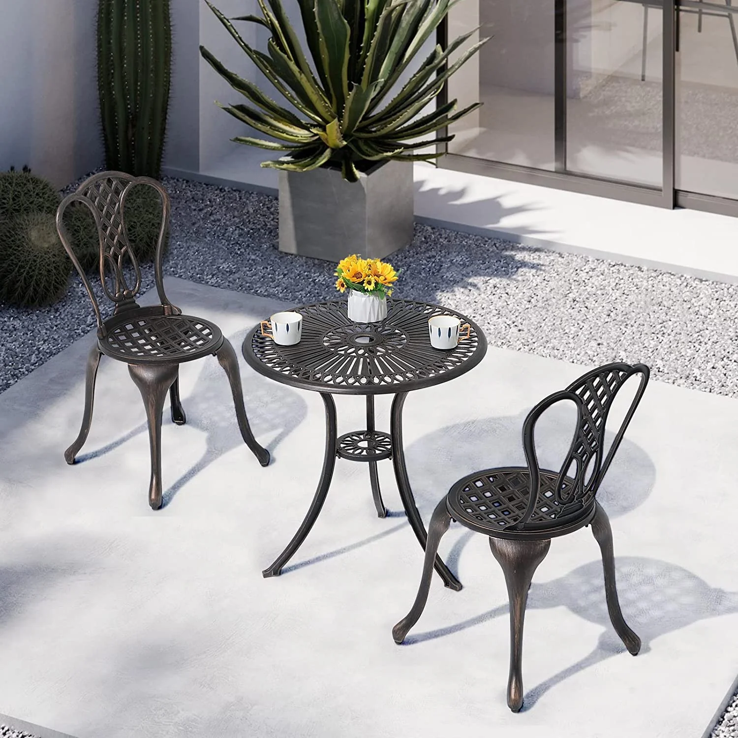 LNSETGC 3 Piece Patio   Cast Aluminum Outdoor Conversation Set  Anti-Rust Easy-Clean Garden Table and Chairs with Umbrella Hole for Backyard  Poolside  Balcony  Lattice Design Antique Bro