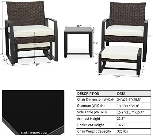 xrboomlife Patio Conversation Set 5 Pieces Outdoor Wicker  Sets Chairs with Ottoman 3.1" Thickness Cushions (Beige)