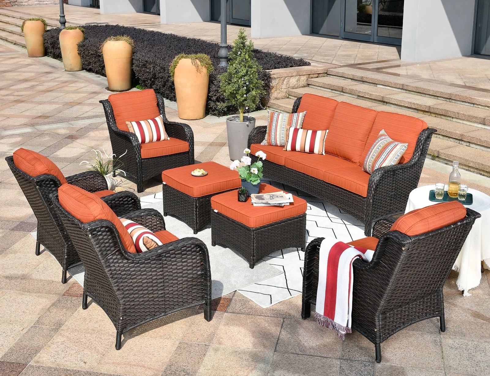 Ovios Wicker Patio Furniture Set 7 Seating Rattan Conversation Set High Back Outdoor Sectional Sofa with Cushions for Balcony