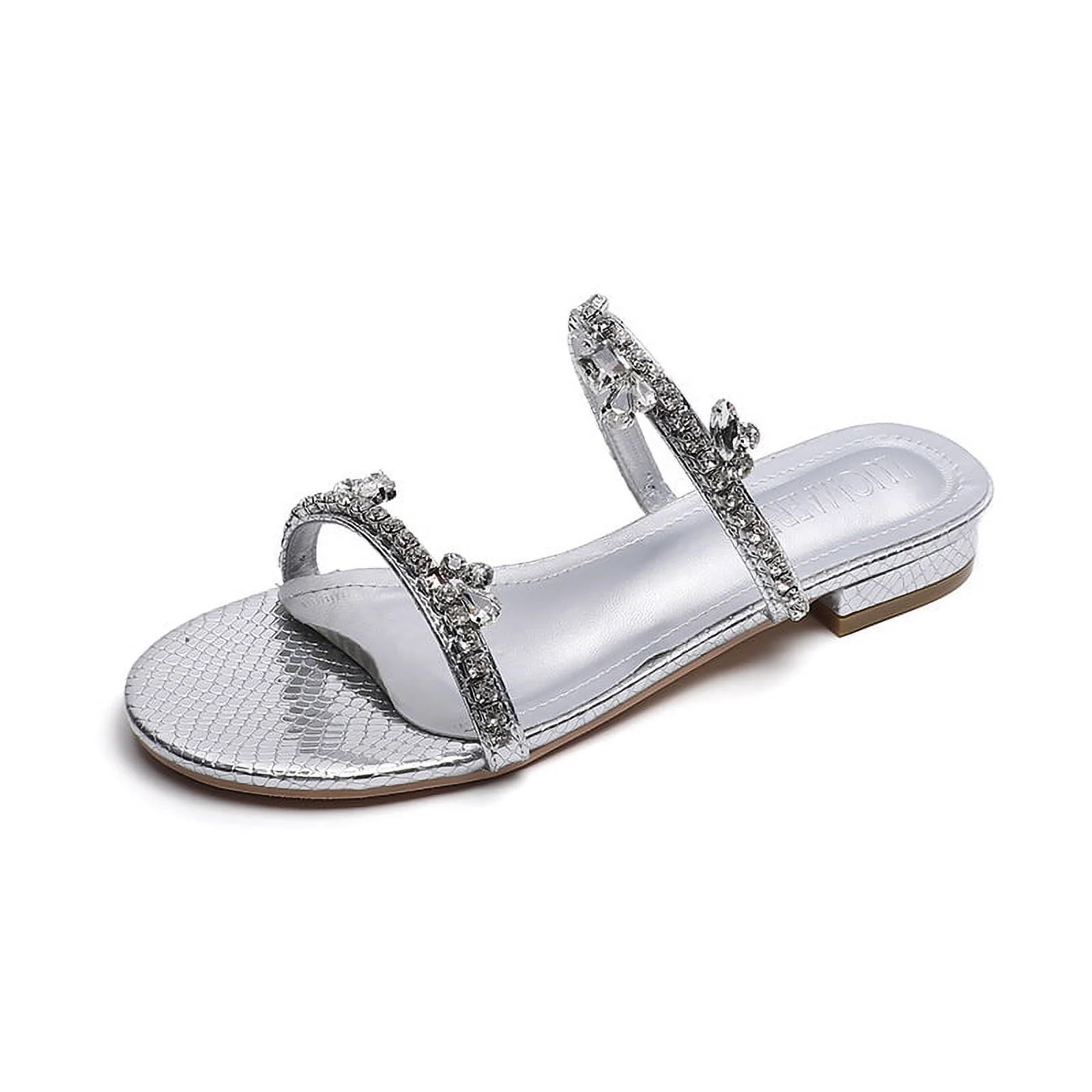 Rhinestone Low Heel Outer Round Head Toe Flat Bottom Beach Sandal Slippers Female Summer (Color : D, Size : 39 Code)