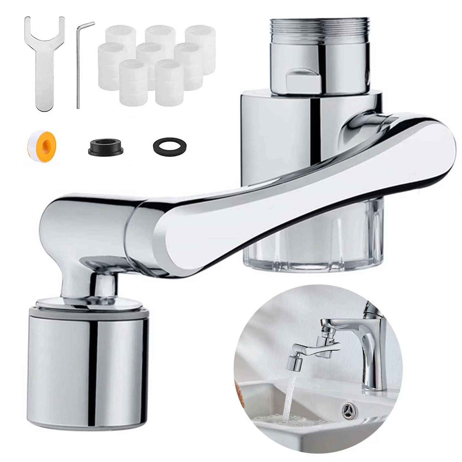 1440° Rotation Faucet Extender Aerator with 8 Filters for Kitchen & Bathroom