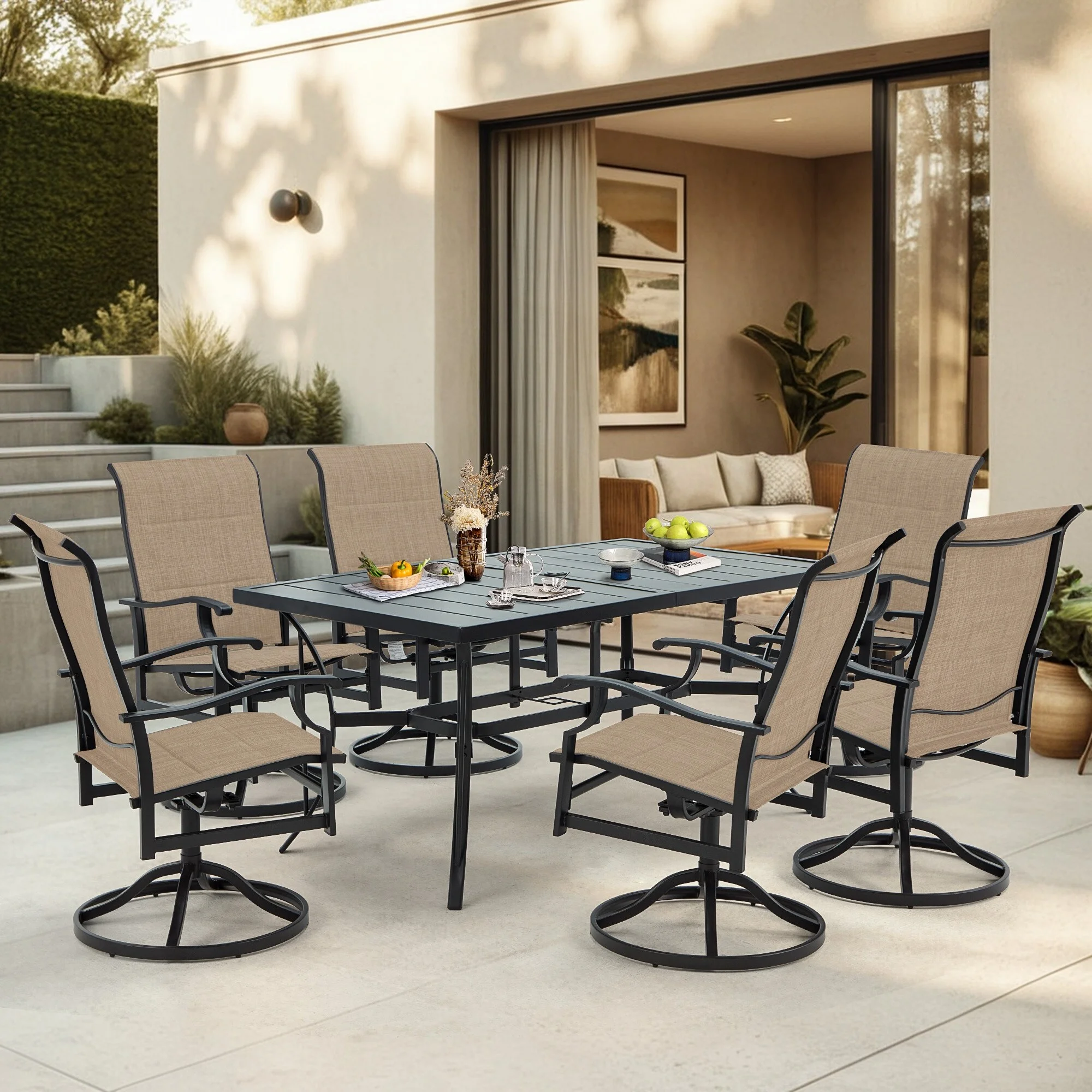 Erommy  Outdoor Patio Dining Sets, Metal Frame Reinforcement for Backyard, Porch, Lawn, Party and Garden,Gray 7-Pc Swivel Brown