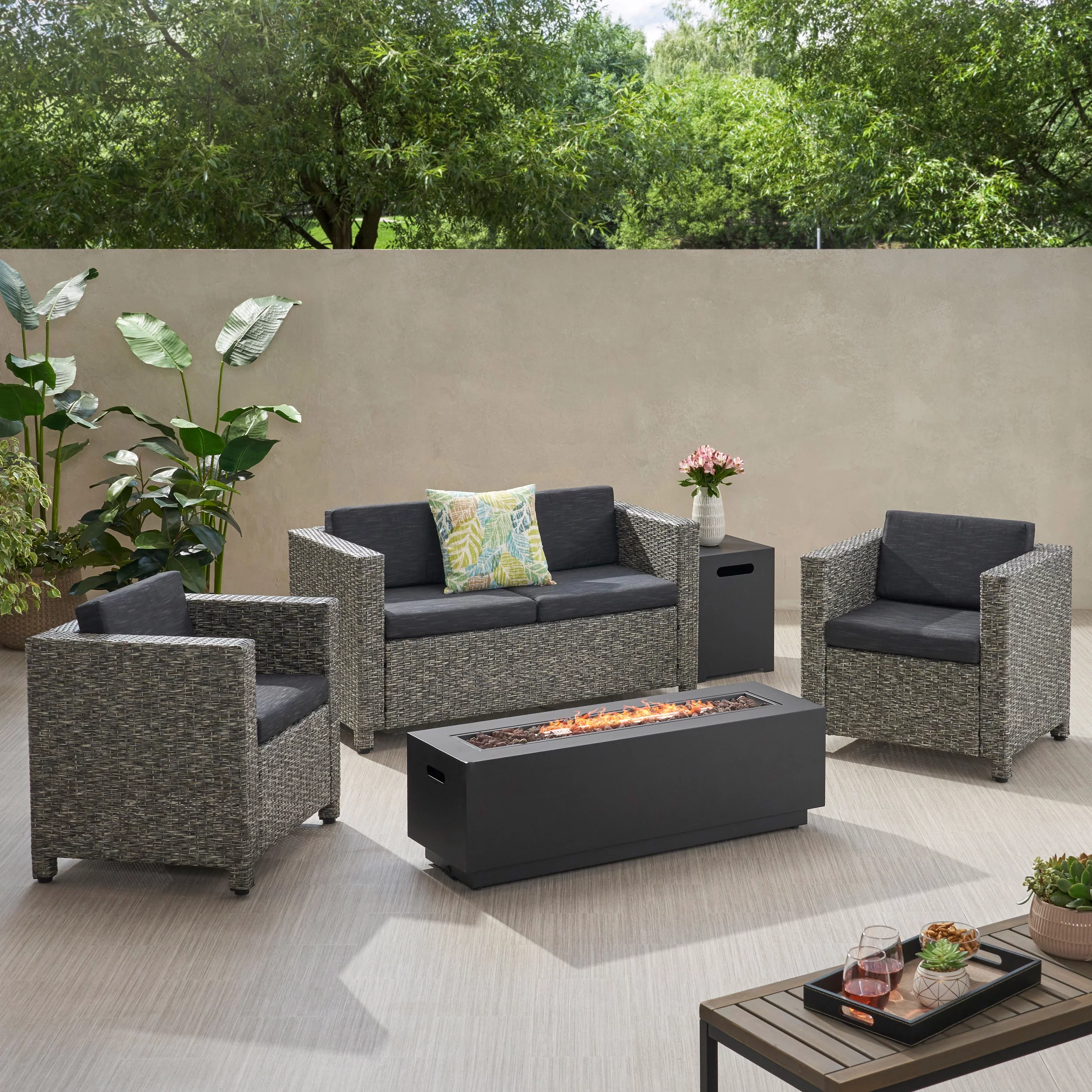 GDF Studio Lanaster Outdoor Wicker 4 Seater Chat Set with Fire Pit, Mixed Black and Dark Gray