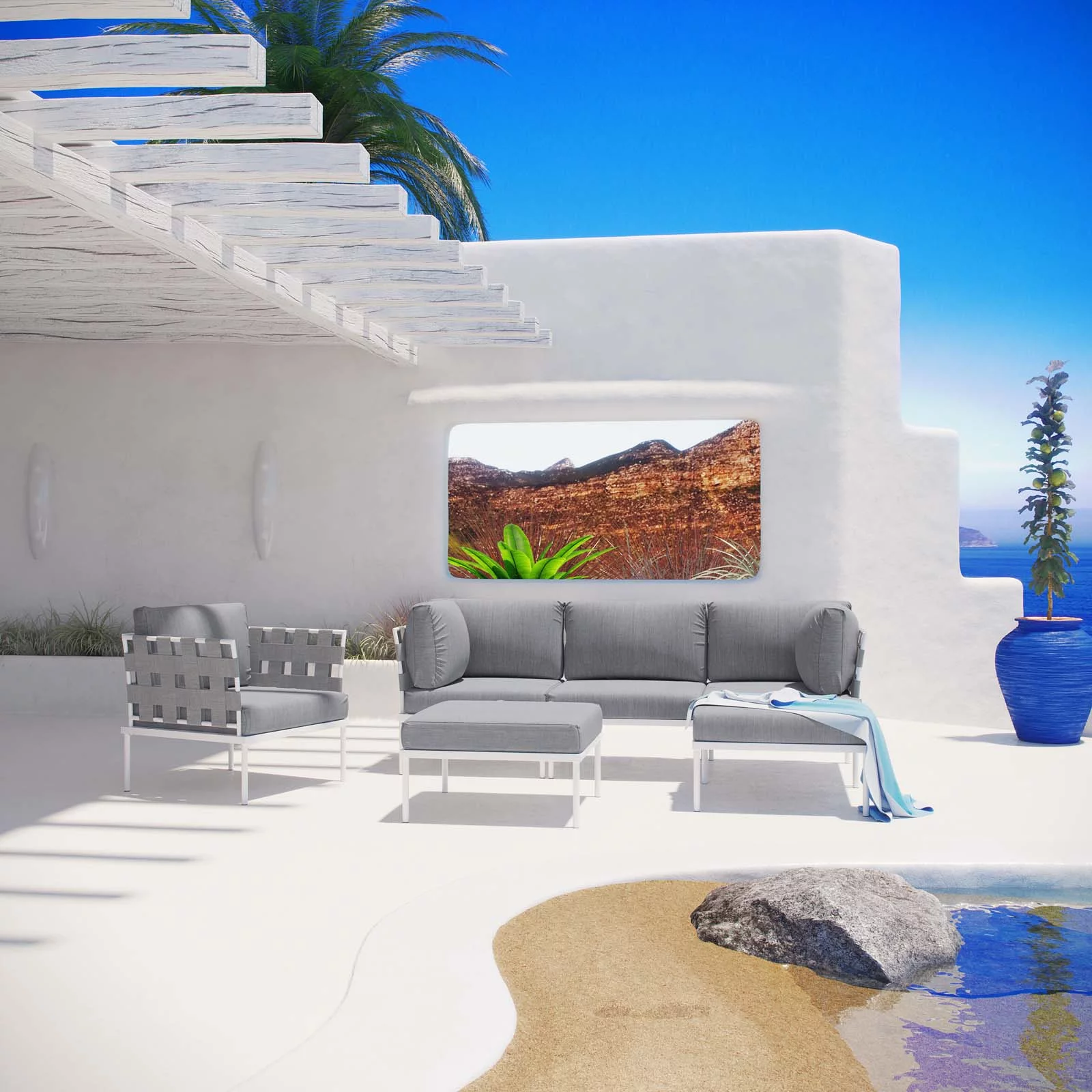 Modern Contemporary Urban Design Outdoor Patio Balcony Six PCS Sectional Sofa Set, Grey White Gray, Rattan