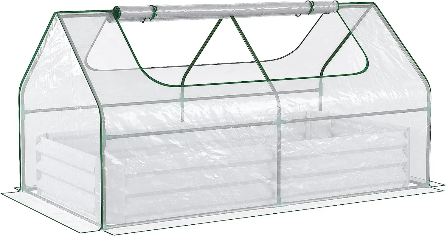 6' x 3' Galvanized Raised Garden Bed with Mini PVC Greenhouse Cover, Outdoor Metal Planter Box with 2 Roll-Up Windows for Growing Flowers, Fruits, Vegetables and Herbs, Light Gray