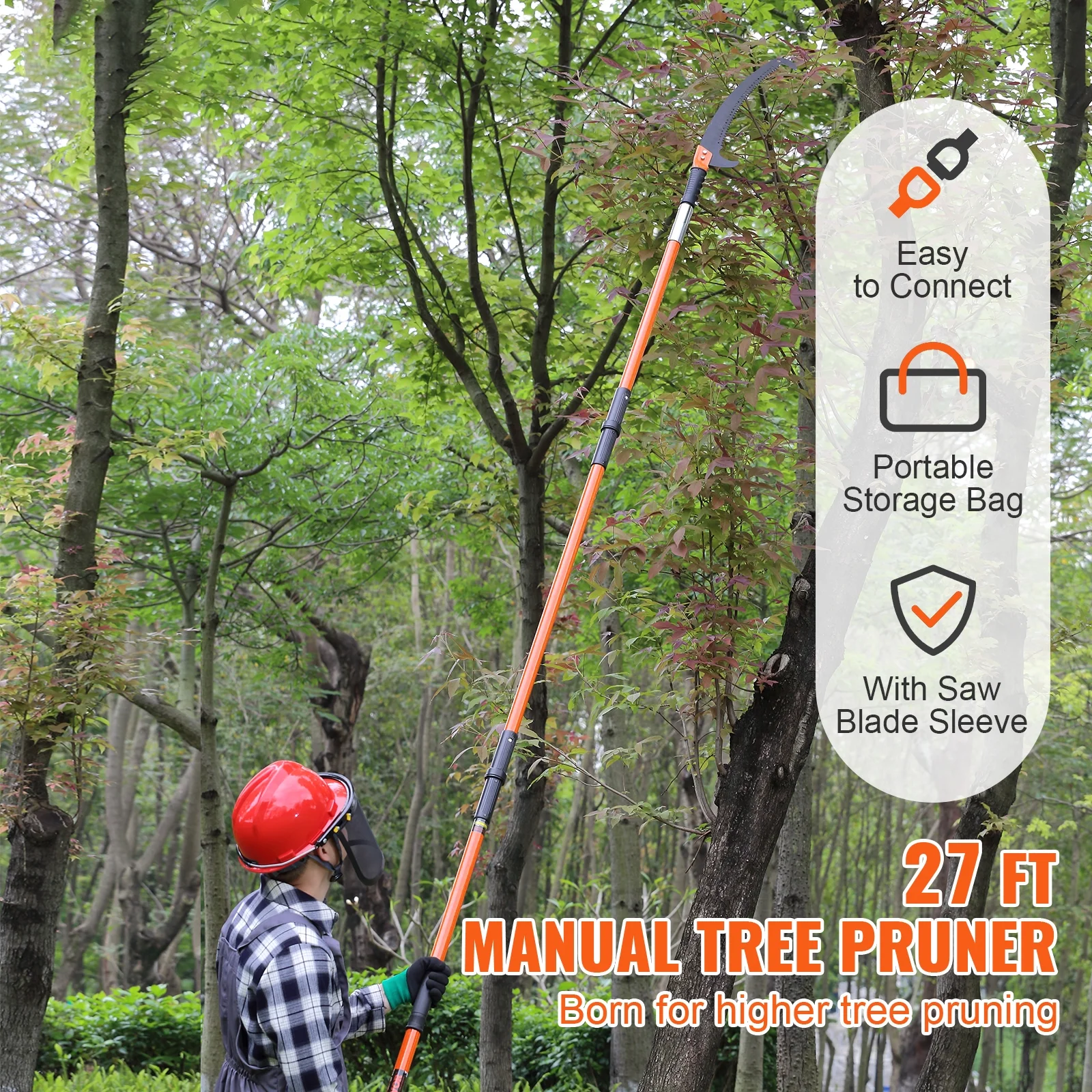 SKYSHALO Manual Pole Saw Extendable Tree Pruner 7.3-27ft Fiberglass Pole Hook Knife