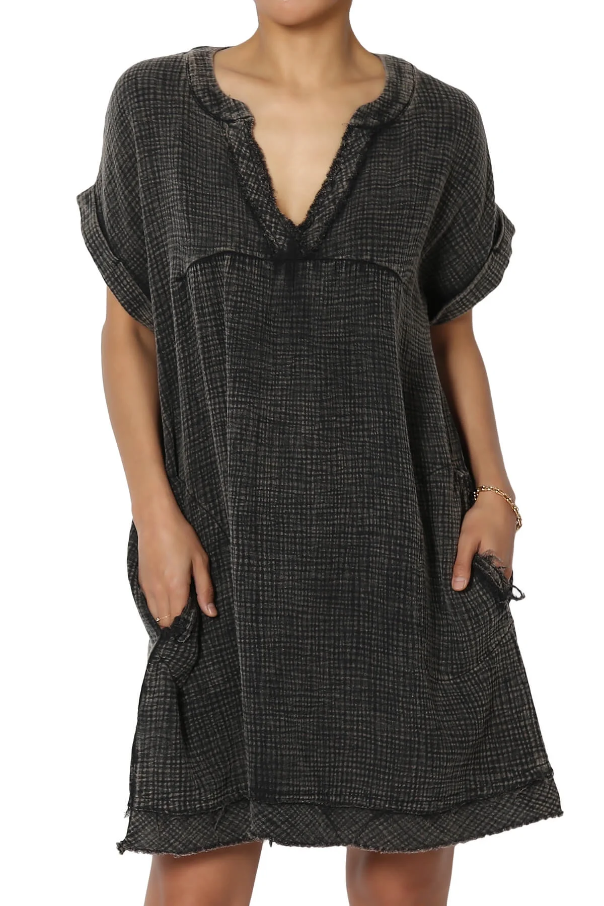 TheMogan Women's Casual Washed Gauze Short Sleeve V Neck Cotton Babydoll Loose Shift Mini Dress Ash Black L