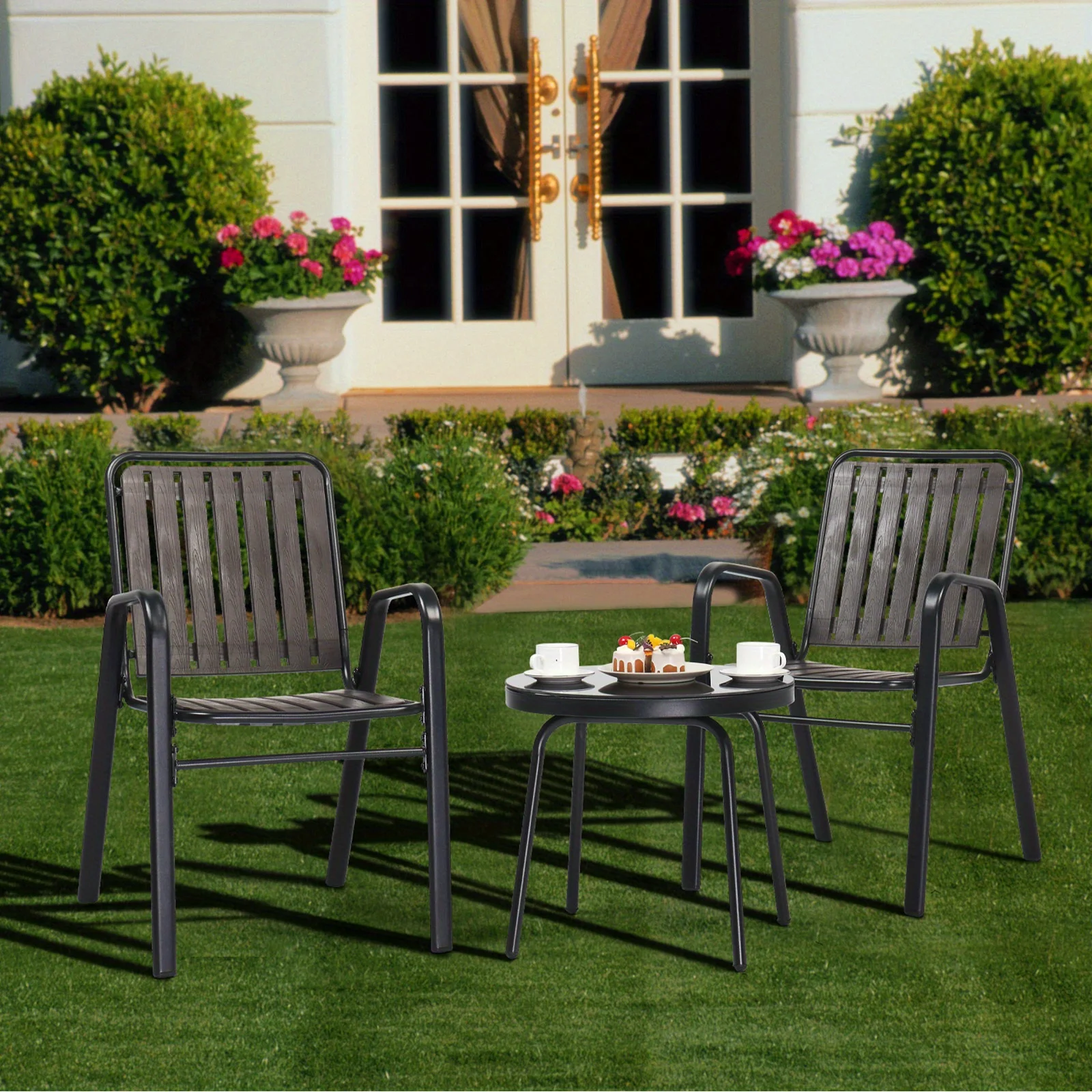 3pcs Patio Bistro Set of Foldable Round Table and Chairs
