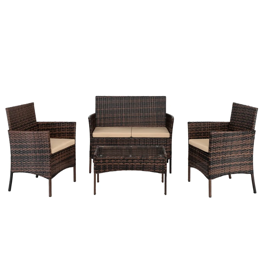 3-Piece Outdoor Rattan Furniture Set: 2 Arm Chairs, 1 Love Seat, Tempered Glass Coffee Table - Brown Gradient, Ideal for Patio, Garden, and Poolside Use