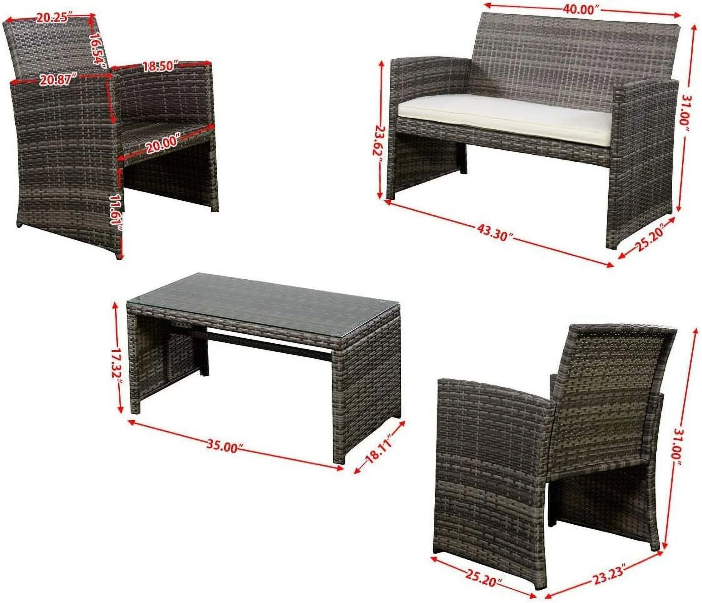 4 PC Rattan Sofa Chair And Table Set, Wicker Patio Conversation Set With Cushioned Chairs And Table