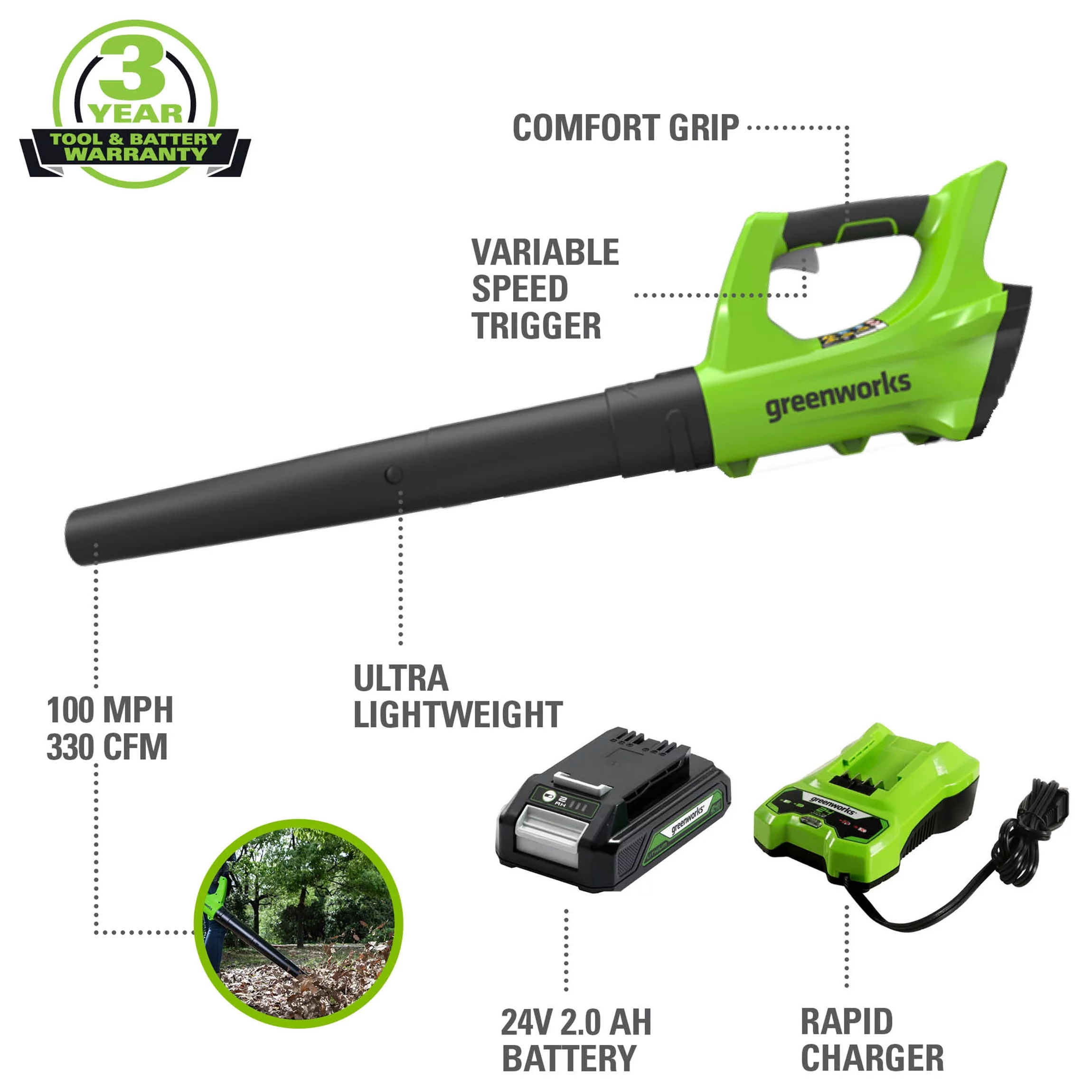 Greenworks 24V Axial Leaf Blower with 2.0 Ah Battery and Charger, 2400702