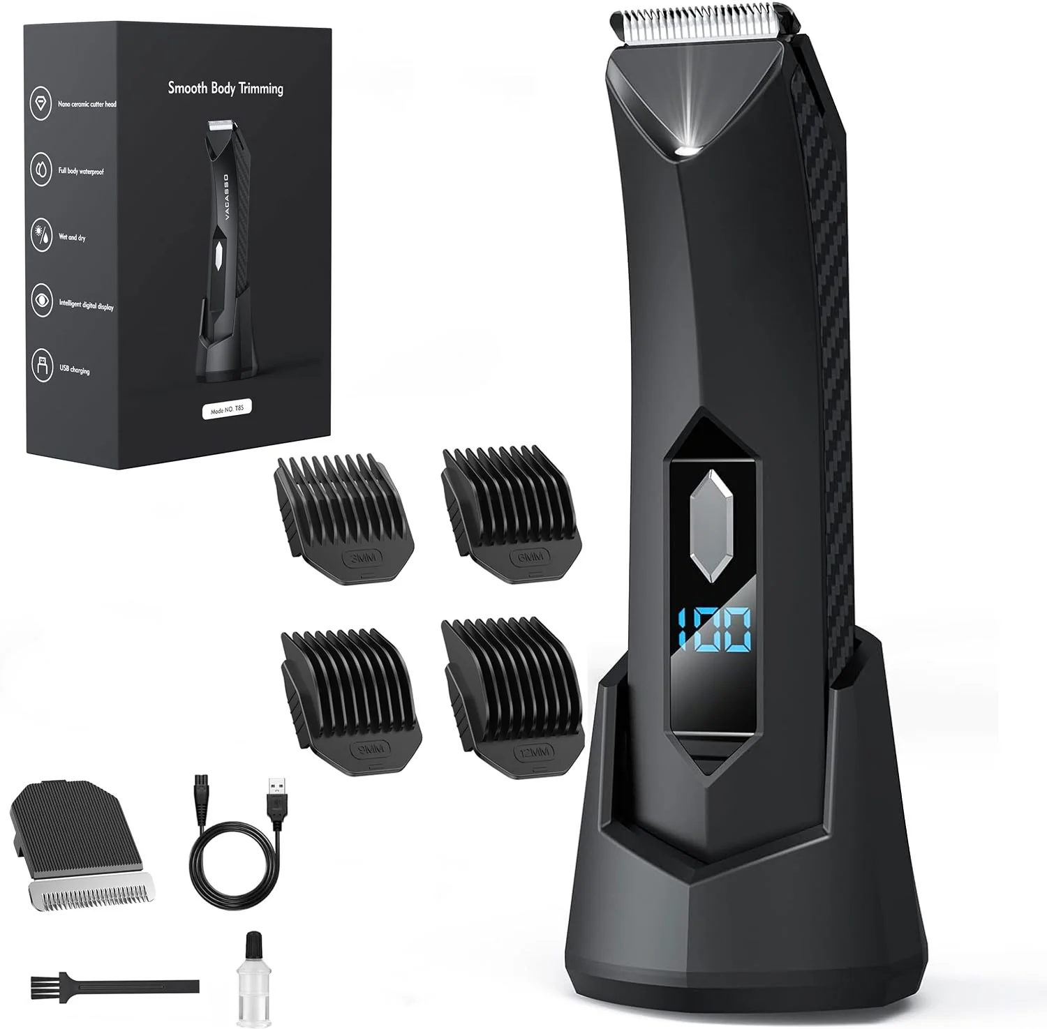 Electric Groin Hair Trimmer - Ball Trimmer for Men - Body Hair Trimmer, Replaceable Ceramic Blade Heads, USB Recharge Dock & Nosetrimmer Head, Waterproof Electric Shaver For Men, LED Light & Display
