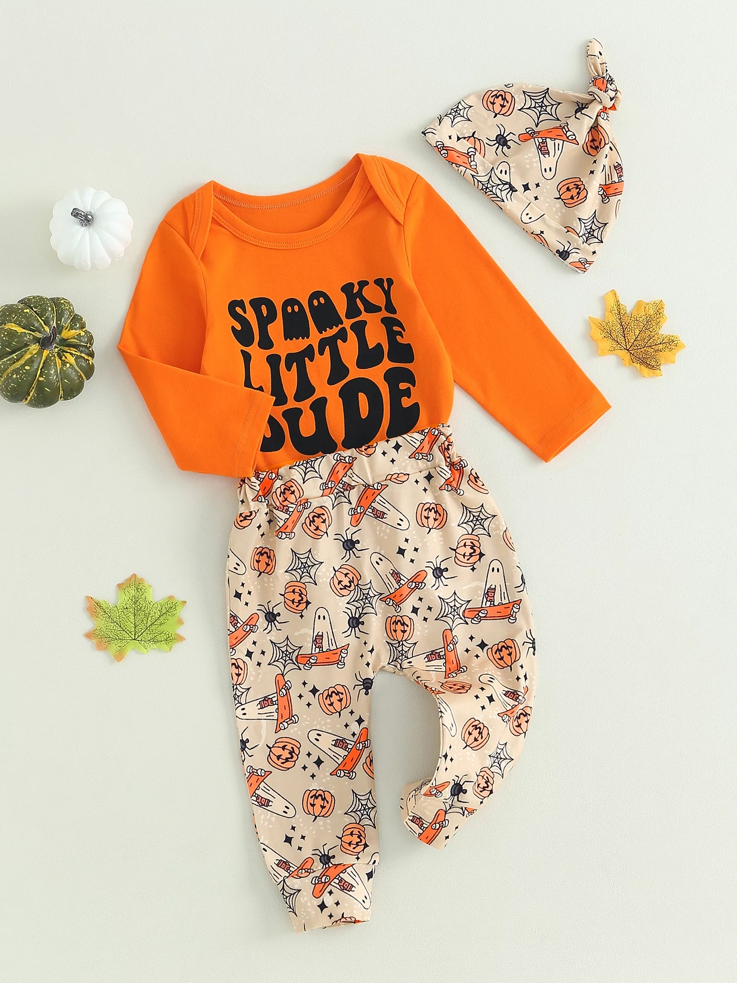 3Pcs Halloween Clothes Infant Baby Boys Casual Pants Set Long Sleeve Letters Print Romper with Pumpkin Print Sweatpants and Hat