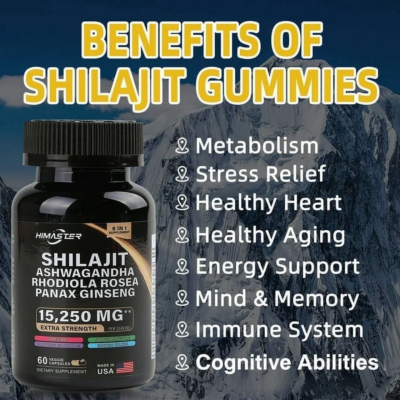 Shilajit Pure Himalayan 9000MG, Energy Booster Ashwagandha 2000MG, Rhodiola Rosea 1000MG, Panax Ginseng 1500MG, Turmeric 500MG, Ginkgo Biloba 500MG, Stinging Nettle 250MG Cordyceps Mushroom 5