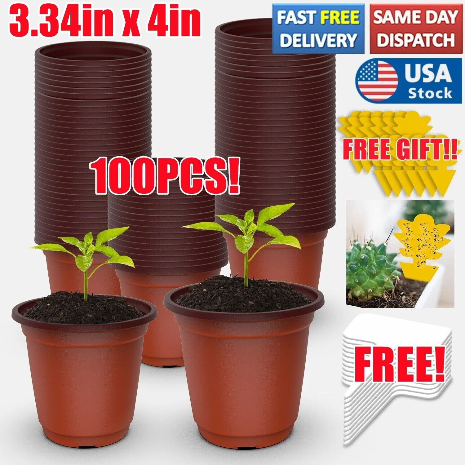 100x Garden Nursery Plastic Pots Flower Plant Container Seed With Label＆Fly Trap