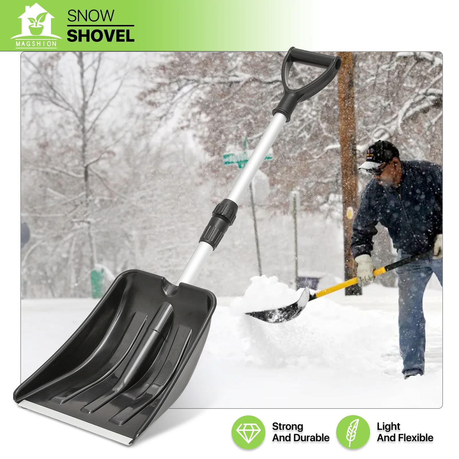 Magshion Portable Collapsible Snow Shovel, Adjustable Snow Removal Tool With Retractable Handle for Driveway Car Home Garage, Black