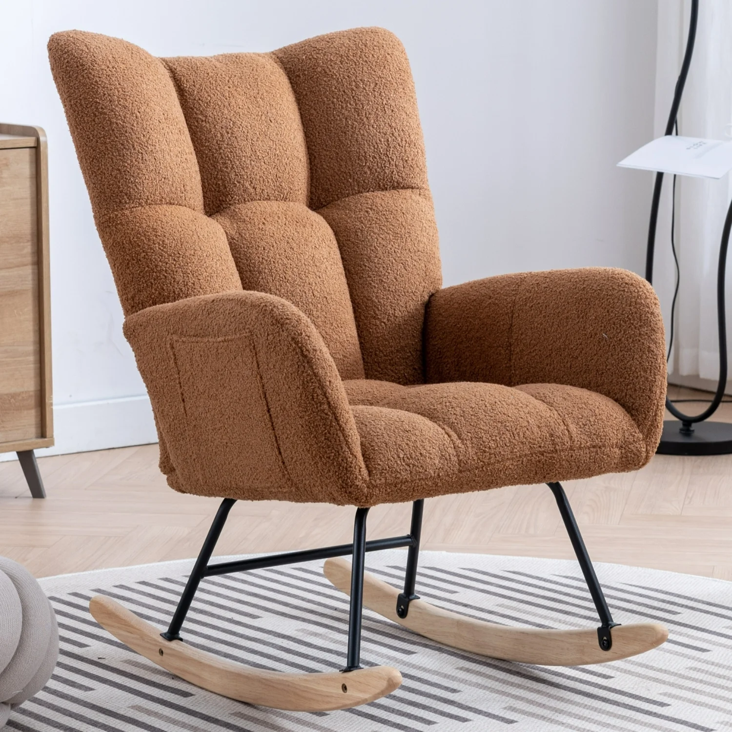 Brown Soft Teddy Fabric Rocking Chair for Nursery  Comfy Wingback Glider Rocker with Rocking Motion and Pocket  Safe Solid Wood Base for Living Room Bedroom Balcony