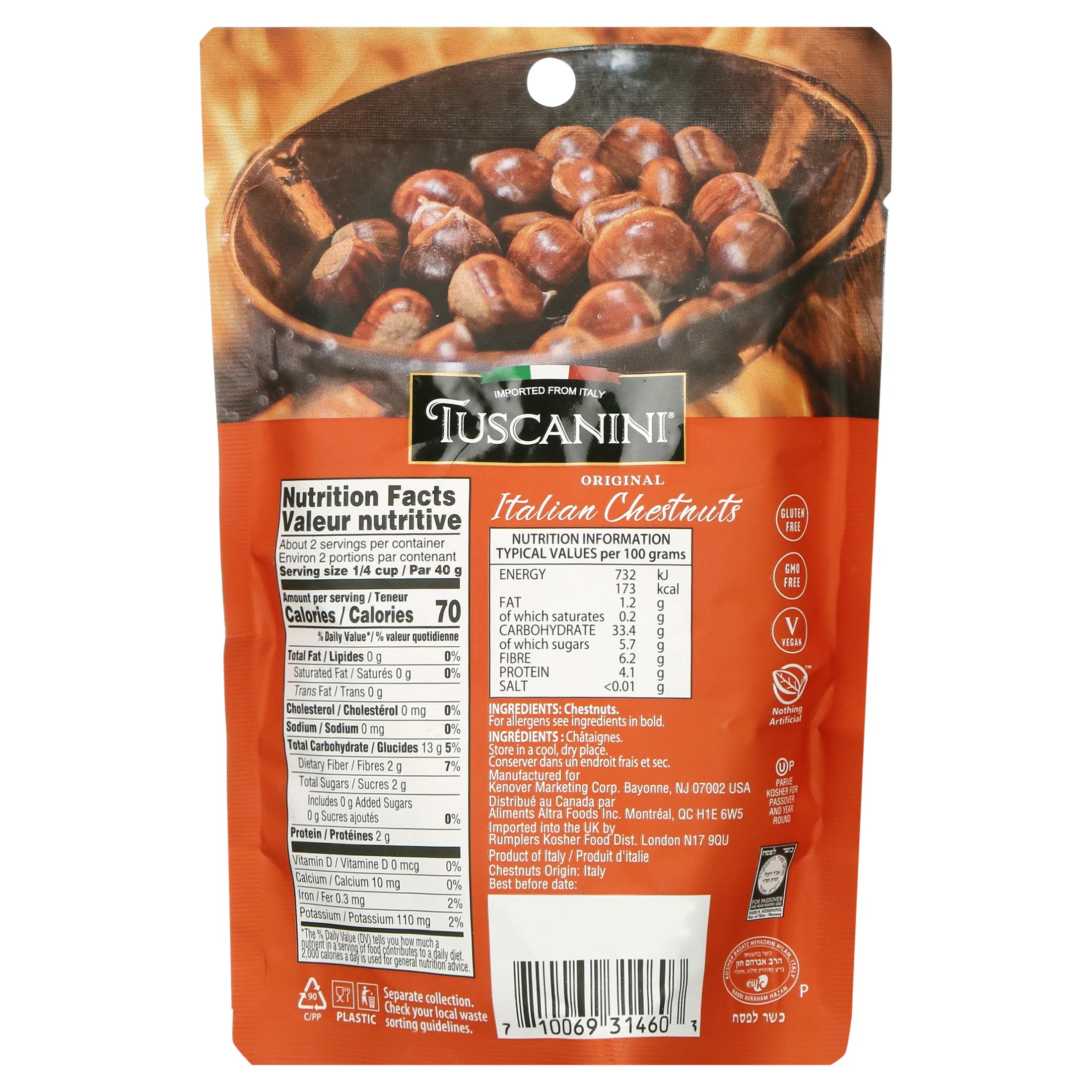 Tuscanini Premium Italian Chestnuts, 3.5oz (3 Pack) | Roasted, Peeled & Ready to Eat | Great Source of Fiber & Antioxidants | Product of Italy | Certified Kosher