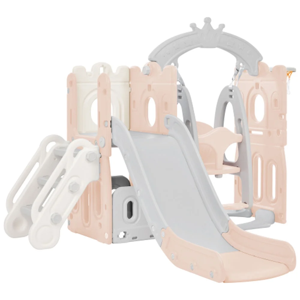 Slide and Swing Set 5 in 1, Playground Climber Slide Playset with Basketball Hoop Freestanding Combination - Pink