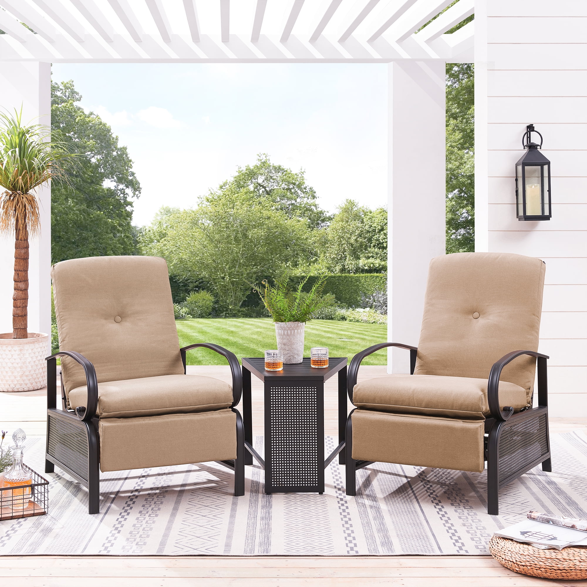 Ulax Furniture 2-Person Conversation Set Seating Group with Recliner Chairs and Metal End Table (Beige)