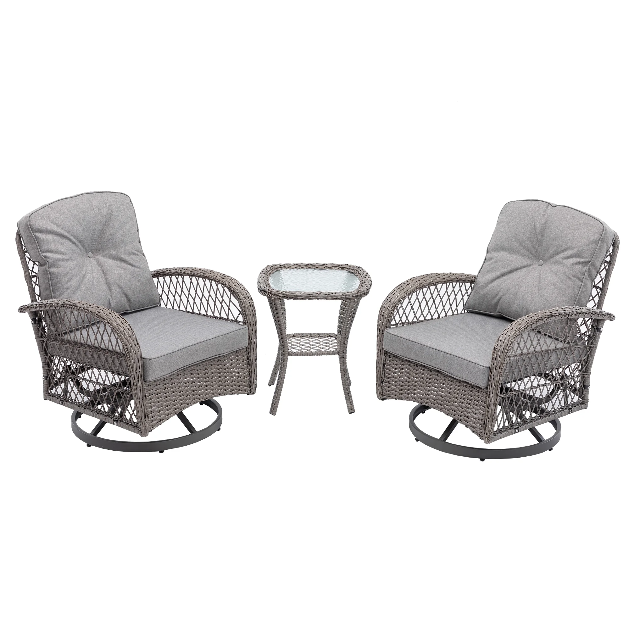 HOMEFUN 3-Piece Outdoor Furniture Modern Wicker Gray Sofa Set (1 Wicker Table And 2 Chairs), Wicker Seat With Gray Cushions, Swivel Swaying Rocking Chair Set