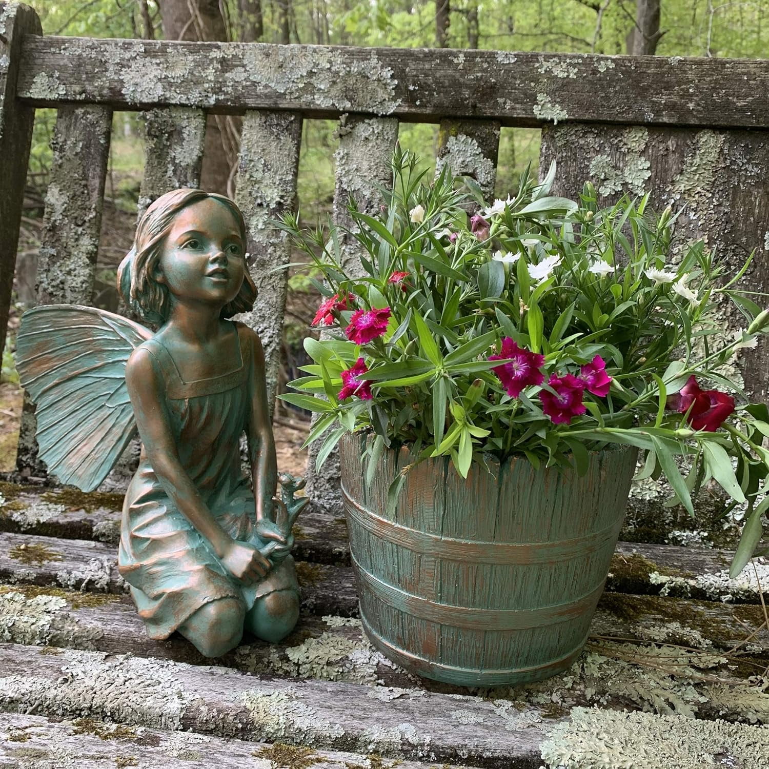 H Rebecca With Barrel Planter Pot In Bronze Home & Garden Fairy Statue