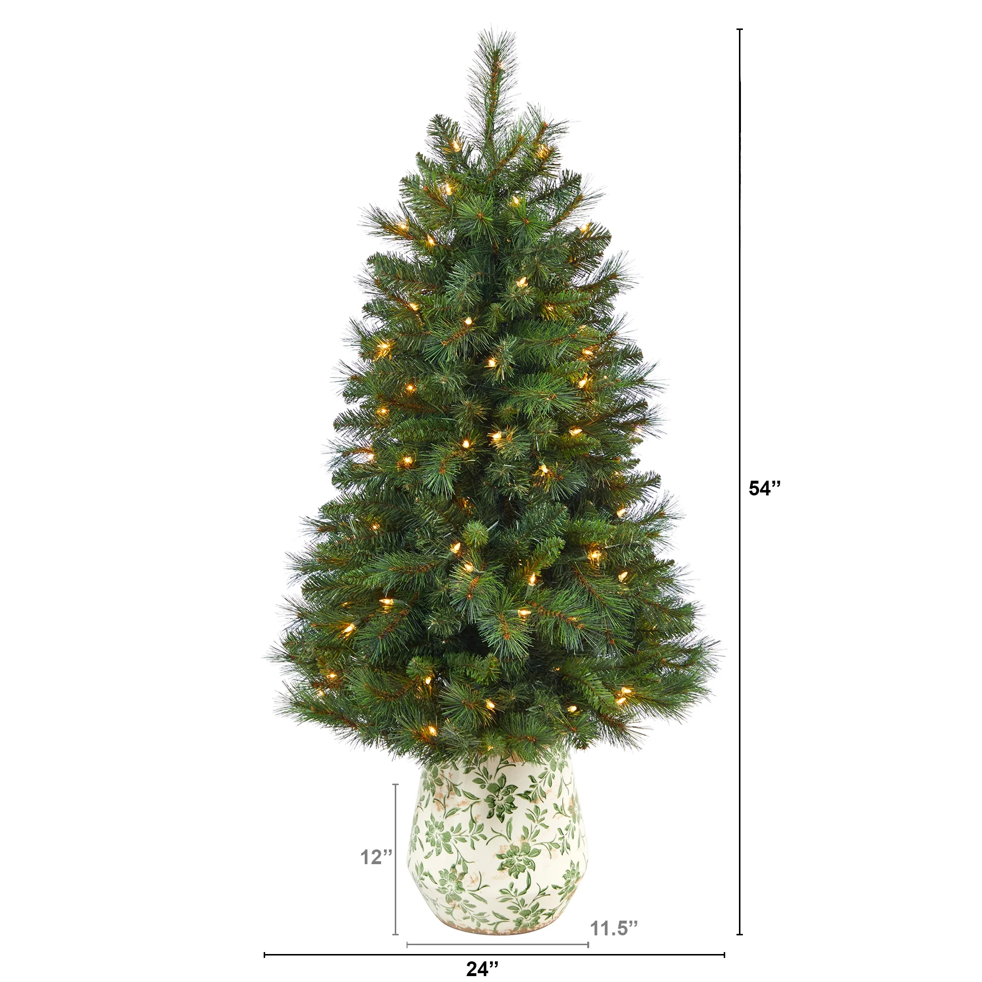 4.5ft. West Virginia Mountain Pine Artificial Christmas Tree with 100 Clear Lights and 322 Bendable Branches in Floral Print Planter