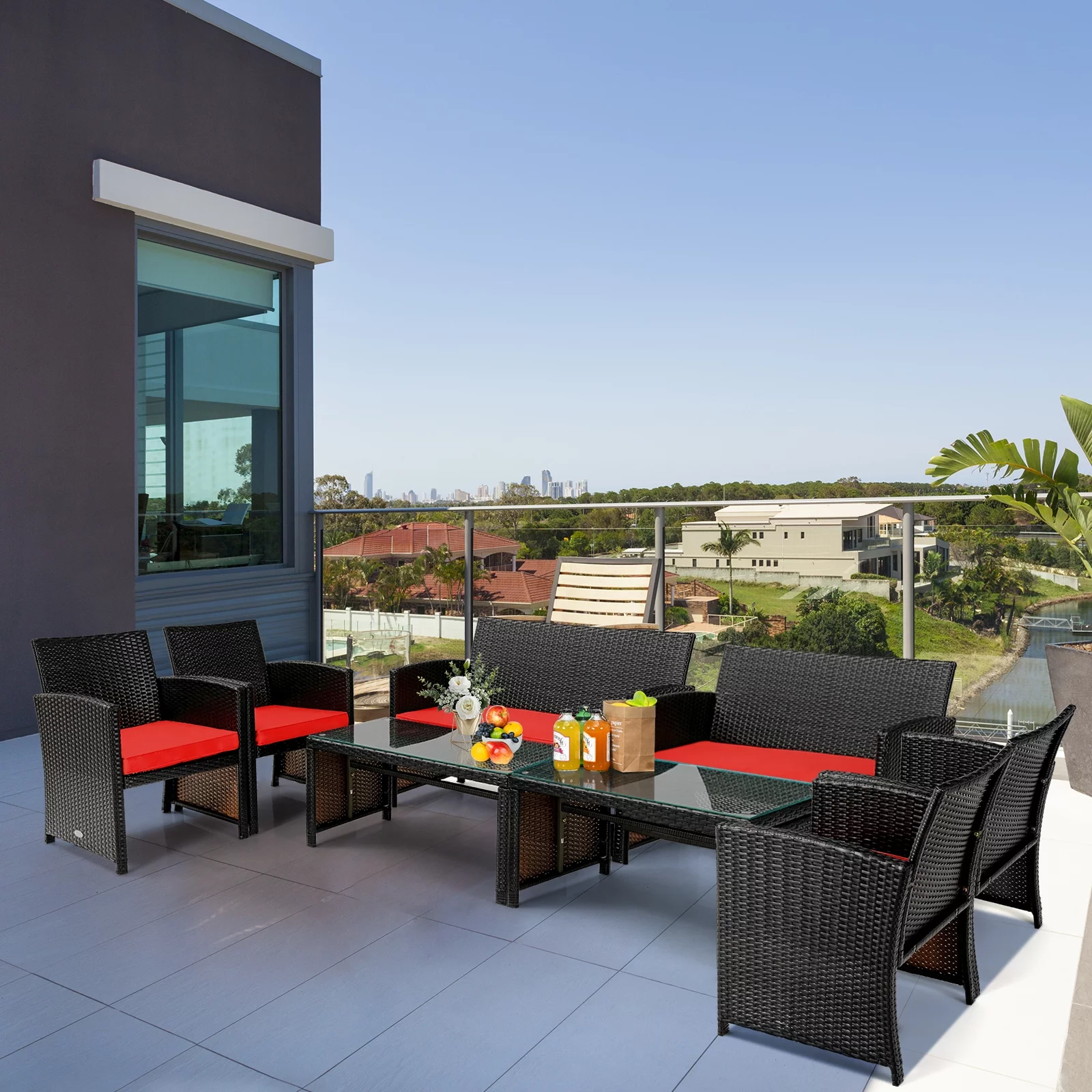 4 Pcs Outdoor Patio Furniture Sets, PE Rattan Conversation Set, Table&Chair Set, w/ Red Cushions